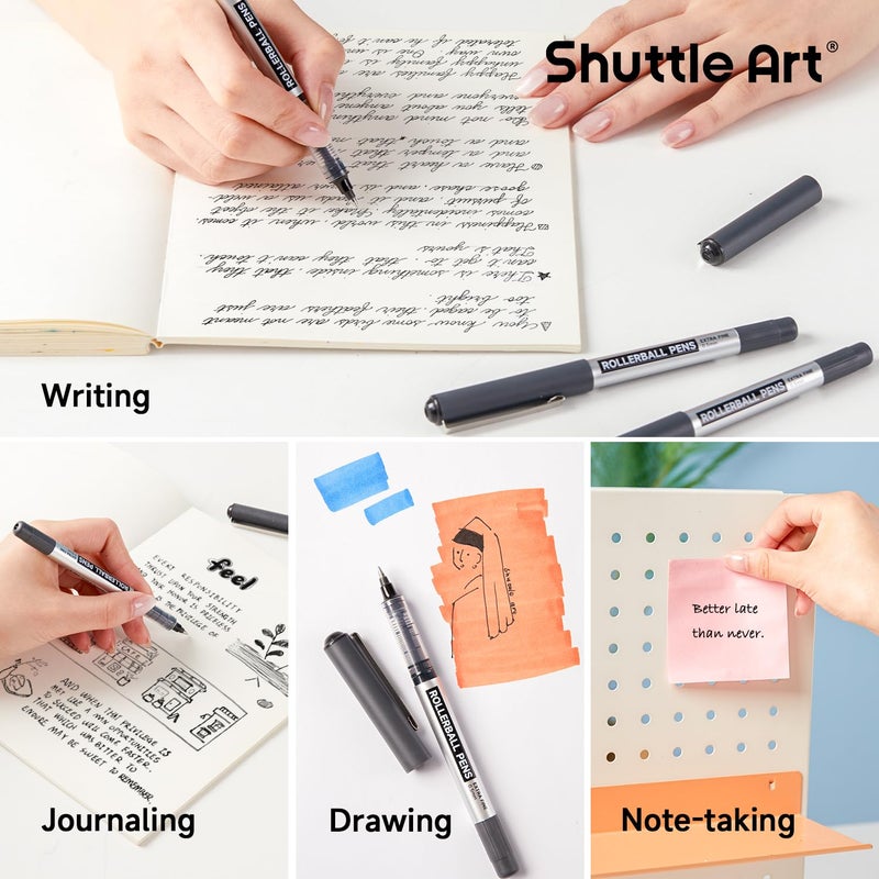 Shuttle Art أقلام شاتل آرت رولر بول، عبوة 25 قلم أسود بنقطة دقيقة، أقلام حبر سائل 0.5 مم للكتابة وتدوين الملاحظات في المدرسة والمكتب - Image 4